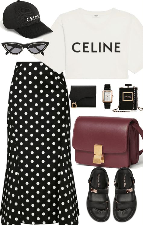 Celine Outfit Aesthetic, Celine Inspired Outfit, Celine Tabou Bag Outfit, Polka Dot Midi Skirt Outfit, Celine Shirt Outfit, Celine Skirt, Polka Dot Midi Skirt, Midi Skirt Outfit, Hijab Outfit