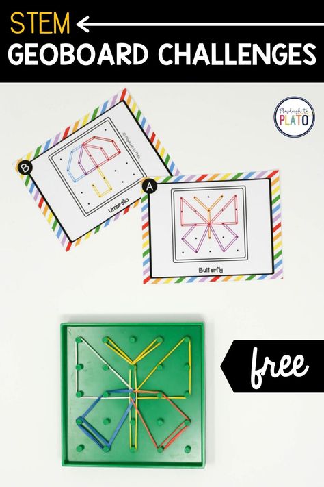 These geoboard STEM challenges are an amazingly simple tool for stretching kids’ design, engineering, and measurement skills. Kids will love building different shapes! These make the perfect STEM and math center activities! #shapegames #STEMcenters Stem Bins, Stem Centers, Kindergarten Stem, Math Tubs, Playdough To Plato, Math Centers Kindergarten, Kids Math, Math Stem, Stem Challenge