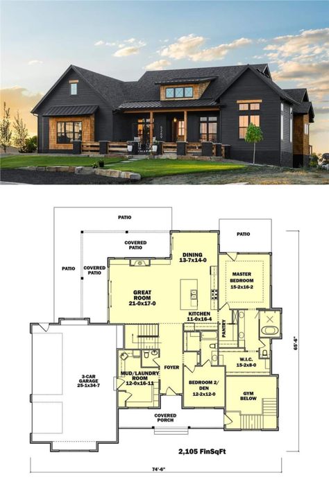 4-Bedroom Country Style Single-Story Ranch House Plan for a Corner Lot with Front Porch and Basement Ranch Home Design Plans, 4 Bedroom House Exterior, Ranch Style Home With Basement, 5 Bedroom Simple House Plans, 4 Bedroom House Plans Open Floor Ranch, 4 Bedroom House Plans Open Floor With Basement, 4 Bedroom House With Office, Ranch Home With Basement Floor Plans, 1 Level House Plans Open Floor 4 Bedroom