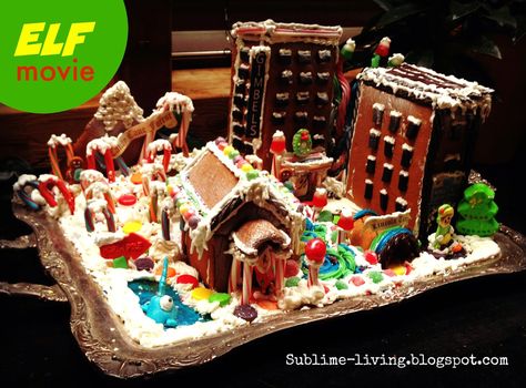 Elf Themed Gingerbread House, Elf Movie Gingerbread House, Movie Gingerbread House, Elf Gingerbread House, The Movie Elf, Gingerbread House Ideas, Elf Movie, Elf House, Movie Themes