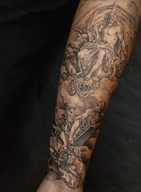 David With The Head Of Goliath Tattoo, God Touching Adam Painting Tattoo, Bible Scene Tattoos, Country Arm Sleeve Tattoo, Angels Tattoo Men, Angel Tattoos Men, Angel And Clouds Tattoo, Isaiah 6 8 Tattoo, Roman Sculpture Tattoo