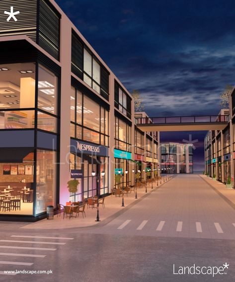 Dynamic streetscape featuring a mall that uses a combination of mullions, glass and concrete for the exterior; A foot bridge on the second floor creates an interaction between the outside and inside space while also reuniting the two buildings seamlessly. #LandscapePLC #streetscapes #architecture_lovers #malldesign #architectureminimal #architecture #architecture_view Mall Outside, Mall Exterior, Glass And Concrete, Shopping Mall Design, Mall Design, Shopping Mall, Second Floor, Multi Story Building, Arch