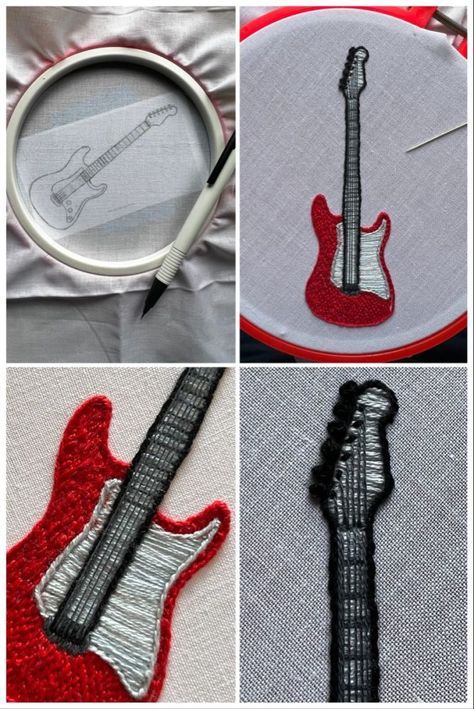 Red guitar 🎸 #embroidery Embroidery Guitar Design, Rock And Roll Embroidery, Embroidery Music Ideas, Guitar Embroidery Designs, Music Embroidery Patterns, Diy Gifts For Music Lovers, Guitar Embroidery, Rock Embroidery, Music Embroidery