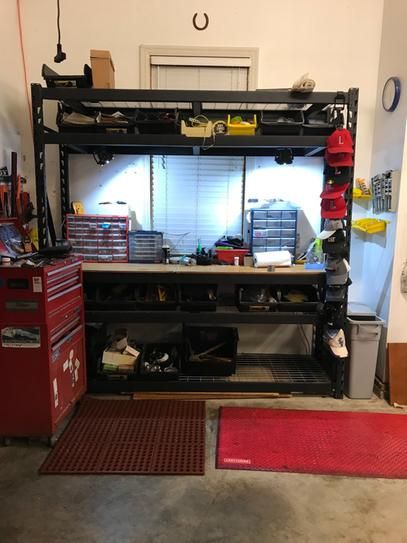 Workbench Made from Shelving. 90"x90"x24" Husky shelving unit from The Home Depot. Husky Workbench Office, Husky Workbench Ideas, Homemade Shelf Garage, Husky Work Bench With Hutch, Husky Adjustable Workbench, Workshop Desk, Pegboard Garage, Garage Workshop Layout, Garage Storage Inspiration