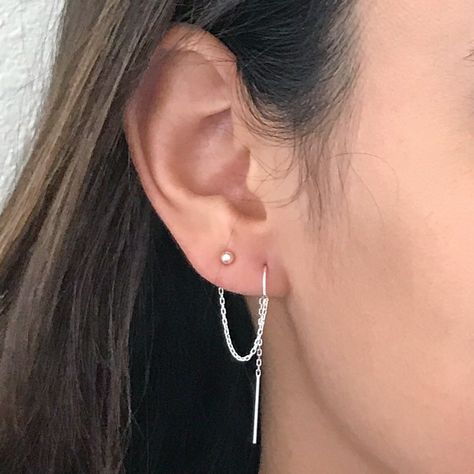 Silver rope chain | Etsy Second Lobe Piercing, Double Lobe Piercing, Double Piercing Earrings, Second Ear Piercing, Second Hole Earrings, Earring Chain, Chain Threader Earrings, Double Ear Piercings, Double Earrings