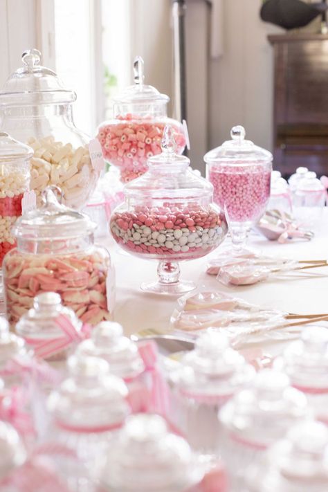 Pink & white candy table! We can recreate this design for you! www.creativeambianceevents.com Check out our blog http://www.creativeambianceevents.com/#!blog/c1nl White Candy Table, Lolly Jars, Buffet Dessert, Sweets Bar, Lolly Buffet, Nautical Chic, Candy Station, Event Solutions, Pink Table