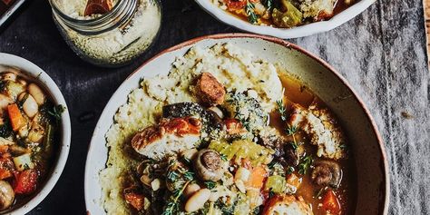 Mushroom and white bean cassoulet with mustard polenta Polenta Healthy, White Bean Cassoulet, Bean Cassoulet, Seasonal Vegan Recipes, Baked Scallops, Baked Mushrooms, Night Recipes, Slow Cooked Meat, Date Night Recipes