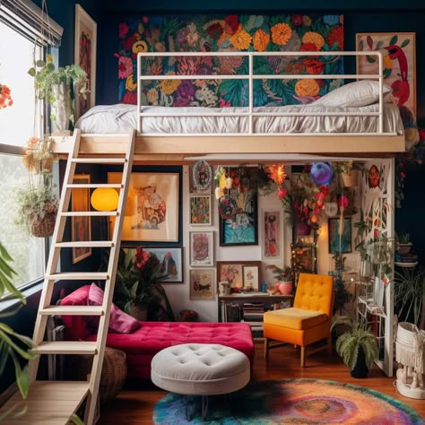 Loft Beds In Small Rooms, Loft Bed In Apartment, Bohemian Loft Bed, Loft Bed Studio Apartment Tiny Spaces, Loft Bed Chill Space, Cozy Under Loft Bed Ideas, Creative Loft Beds, Adult Den Bed, How To Loft A Bed