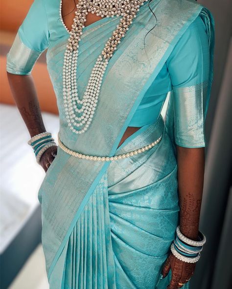 1,994 Likes, 16 Comments - NILA (@nilasilksstudio) on Instagram: “Nila bride 🦋 Mua: @spt_bridalhairandmakeup Saree: @nilasilksstudio Accessories:…” Blue Bridal Saree South Indian, Blue Wedding Saree Bridal, Dusky Skin Saree Look, Saree For Engagement, Saree Color Combinations, Sky Blue Saree, Aqua Blue Wedding, South Indian Bride Saree, Engagement Saree