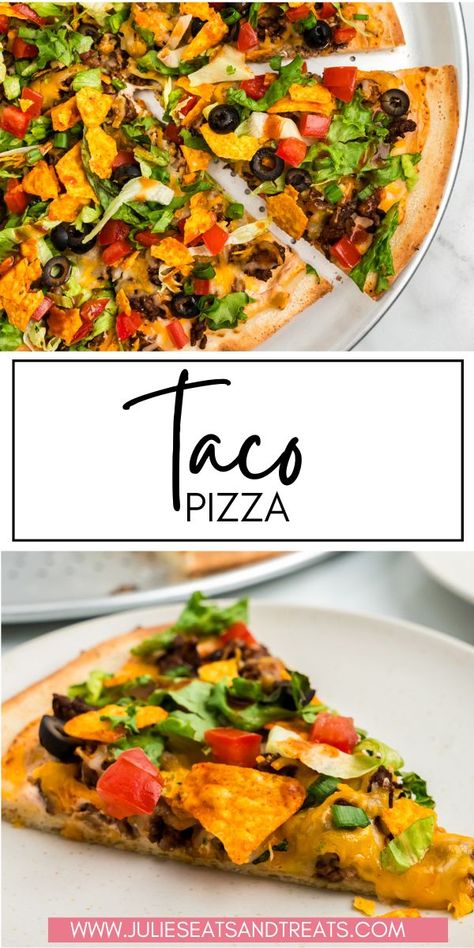 This easy Taco Pizza recipe combines all your favorites! A crispy crust piled high with seasoned ground beef, melty cheese, and all the classic taco fixings. This fun twist on pizza night will be a hit with the whole family! Taco Pizza With Pizza Crust, Homemade Taco Pizza Recipes, Homemade Taco Pizza, Taco Fixings, Taco Pizza Recipe, Easy Taco Pizza, Taco Pizza Recipes, Easy Taco Recipes, Crockpot Ham