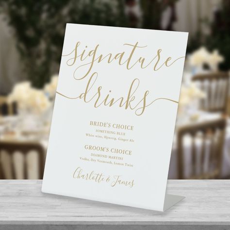 Menu Minimalist, Wedding Invitation Message, Gold Drinks, Drinks Sign, Wedding Signature Drinks, Wedding Invitation Size, Wedding Reception Signs, Signature Drinks Sign, Drink Signs