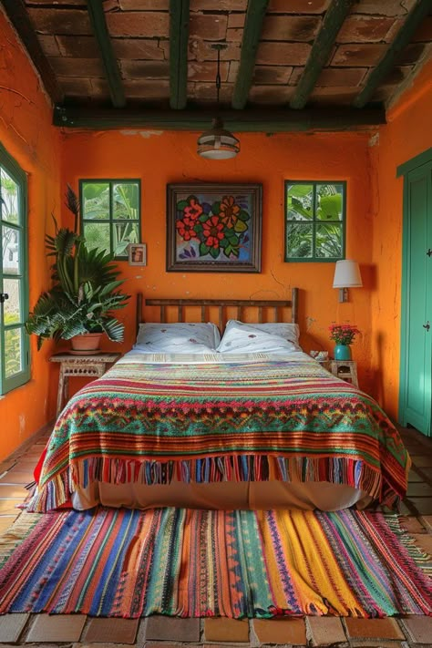 Mexican Home Inspiration, Mexican Casitas Guest House, Mexican Decor Bedroom, Mexican Apartment Decor, Mexican Style Bedrooms, Mexican Inspired Bedroom, Mexican Houses Interior, Mexican Room Decor, Mexican House Aesthetic