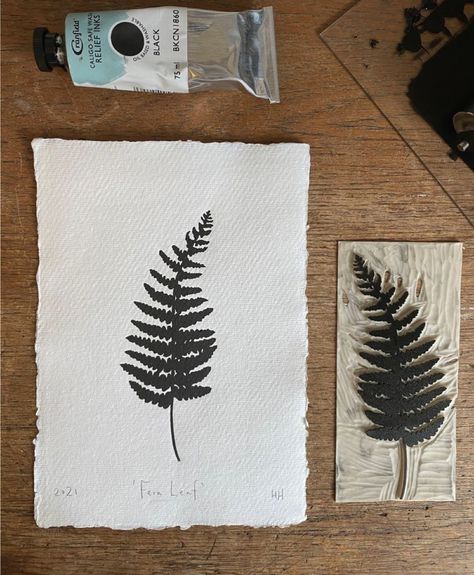 Fern Block Print, Fern Lino Print, Leaf Lino Print, Fern Linocut, Block Printing Ideas, Lino Print Ideas, Lino Print Pattern, Linocut Printing, Linocut Ideas