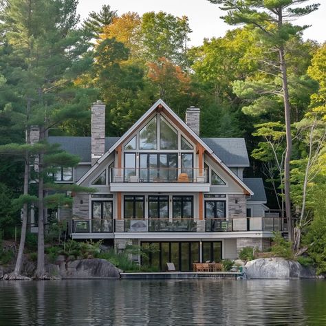 Image Renovation Exterior, Cottage Windows, Lake Houses Exterior, Lakefront Property, Cottage Renovation, Lake House Plans, Lake Cottage, Cottage Plan, Mountain House