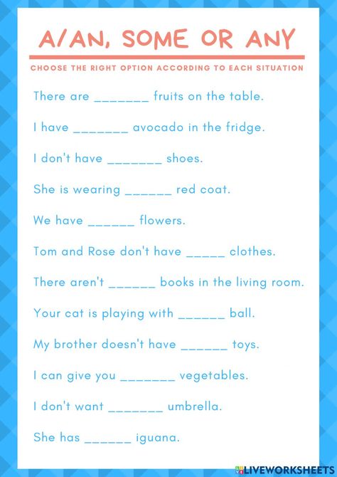 A-an, some or any worksheet Some And Any Worksheets, A An Some Any Worksheet, Some Any Worksheet, A An Worksheet, Countable And Uncountable Nouns, Some Any, Conjunctions Worksheet, Uncountable Nouns, English Exercises