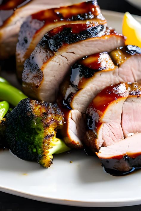 pork tenderloin sliced on a plate with charred broccoli Teriyaki Pork Tenderloin, Pork Tenderloin Marinade, Pork Tenderloin Oven, Beef Pizza, Baked Pork Tenderloin, Grilled Broccoli, Teriyaki Pork, Pork Marinade, Pork Tenderloin Recipe