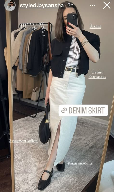 White Denim Skirt Outfit, Denim Skirt Outfit Ideas, Denim Skirt Outfit Summer, Outfit Inspirations Edgy, Summer Denim Skirt, Skirt Outfit Inspiration, Stylish Denim Skirt, 40s Outfits, Denim Skirt Outfit