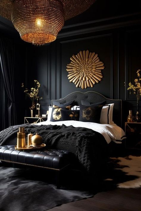 Black And Gold Bedroom, Dark Romantic Bedroom, Bed Coverings, Simple Bed Designs, Luxury Beds, Bed Interior, Farmhouse Room, Red Living, Minimalist Bed