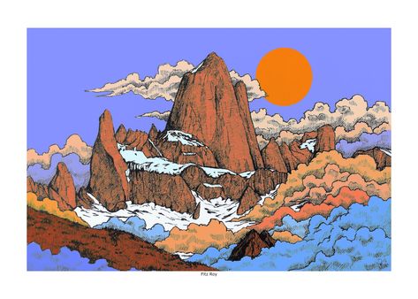 Print of Fitz Roy, Patagonia Patagonia Illustration, Baffin Island, Vintage French Posters, Mountain Drawing, World Places, French Poster, Create Drawing, Desenho Tattoo, Mountain Art