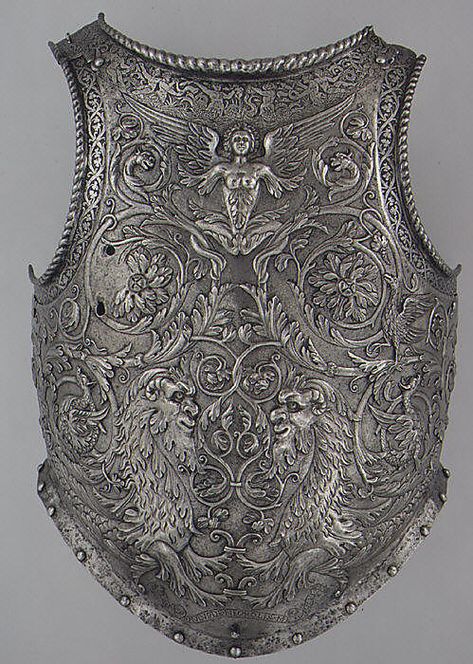 Italian (Milan) steel breastplate, c1545. Formerly part of a parade armor, this is the only signed work of Giovanni Paolo Negroli, a cousin of the more famous Filippo Negroli. Now bright, the breast plate's surface probably was originally russet-colored and the raised and etched areas were gilded. (Metropolitan Museum of Art) Hawke Dragon Age, Ancient Armor, Historical Armor, Knight In Shining Armor, Knight Armor, Arm Armor, Medieval Armor, Art Japonais, Fantasy Armor