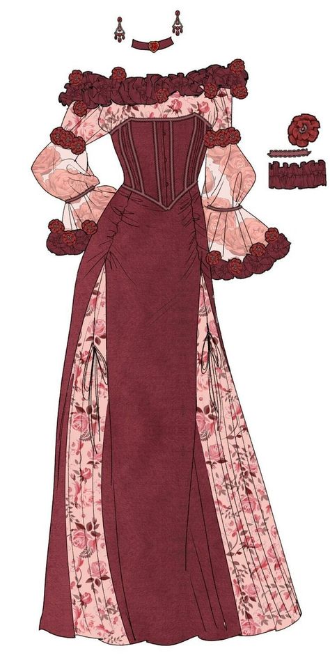 Royal Dress Reference, Royal Dress Drawing Reference, Manhwa Fashion Style, Manhwa Clothes Design, Historical Dress Drawing, Old Dresses Drawing, Fantasy Dress Drawing Outfit Ideas, Royal Outfits Drawing, Manhwa Dress Designs