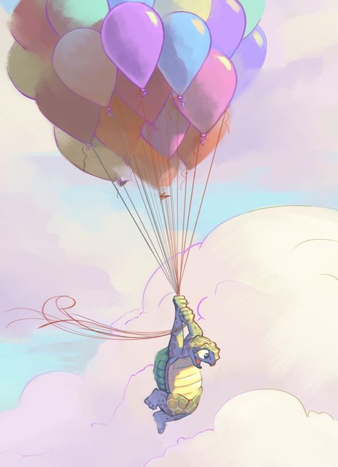 Turtle flies above the clouds holding a bunch of balloons Bunch Of Balloons, Floating Balloons, Balloon Illustration, Balloon Painting, Mountain Illustration, Terrapin, Above The Clouds, Balloon Animals, Bird Illustration