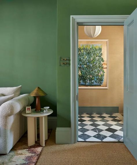 10 summer color trends for the home in 2024 | Small Guest Rooms, Striped Tile, Small Terrace, London Townhouse, Little Greene Paint, Zellige Tile, Green Walls, Tiny Bedroom, White Furniture