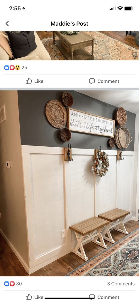 Modern Farmhouse Hallway Wall Decor, Board And Batten Wall Entryway Decor, Entry Way Paneling Ideas, Textured Entryway Wall, Accent Wall Front Entrance, Kids Hallway Decor Wall Ideas, Entryway Panel Wall, Entry Way Board And Batten Wall, Charcoal Entryway