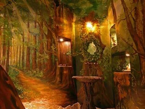 Enchanted Forest Bedroom, Forest Bedroom, Forest Room, Fantasy Bedroom, Tudor Style Homes, Bathroom Themes, Bathroom Red, Hobbit House, Bathroom Plants