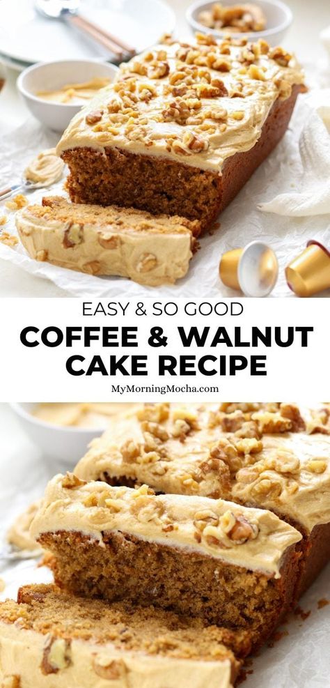 Coffee Bread Loaf, Coffee And Walnut Loaf Cake, Coffee Slice Recipe, Coffee Walnut Loaf, Walnut And Coffee Cake, Dessert Loafs Recipes, Coffee Loaf Cake Recipes, Coffee Cake Moist, Easy Walnut Cake