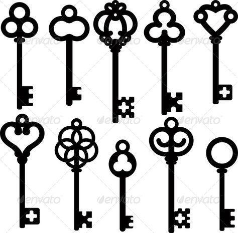 Antique skeleton keys silhouette set. Vector illustration, fully editable, vector objects separated and grouped. Editable EPS 8 Ve Key Tattoo Designs, Key Drawings, Bunch Of Keys, Key Tattoos, Key Tattoo, Vintage Skeleton Keys, Anniversaire Harry Potter, Skeleton Keys, Old Keys