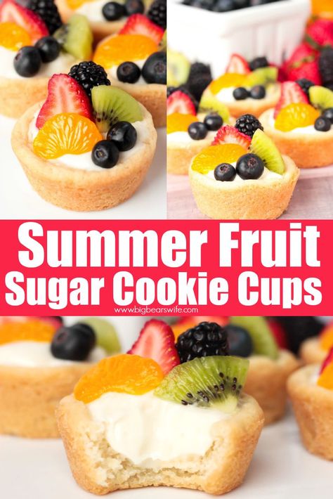 Fruit Pizza Cups, Fruit Pizza Cookies, Sugar Cookie Pizza, Fruit Sugar Cookies, Mini Fruit Pizzas, Pizza Sugar Cookie, Sugar Cookie Cups, Fruit Sugar, Cookie Cups Recipe