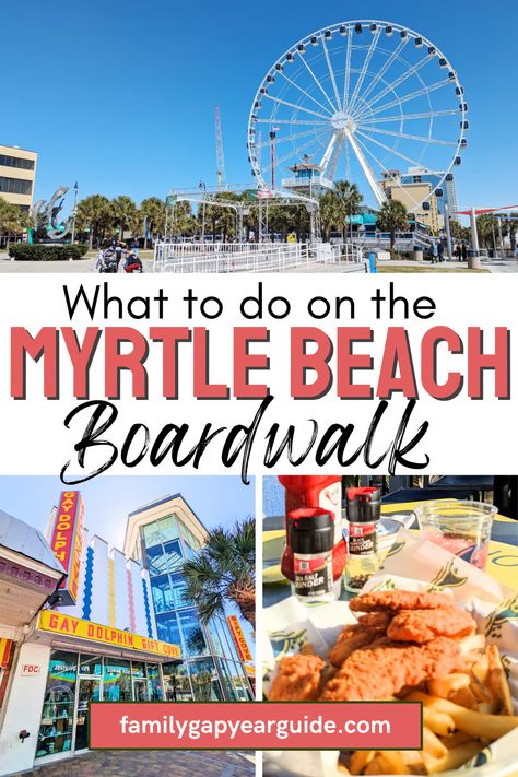 Headed to Myrtle Beach? You'll find a lot of the fun centered around the Myrtle Beach Boardwalk. Here's everything you can do there! Myrtle Beach Packing List, Myrtle Beach Things To Do With Kids, Broadway At The Beach Myrtle Beach, Myrtle Beach Things To Do, Myrtle Beach Trip, Beach 2024, Myrtle Beach Restaurants, Myrtle Beach Boardwalk, Surprise 50th