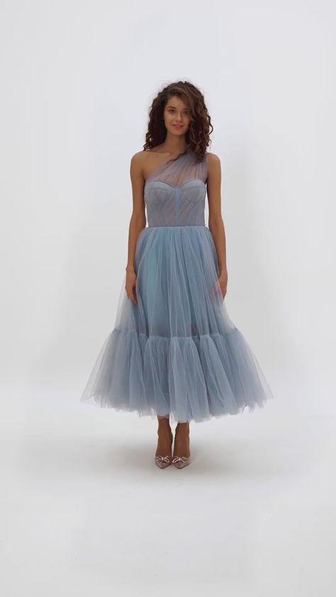 Light Blue One-Shoulder Cocktail Tulle Dress ➤➤ Milla Dresses - USA, Worldwide delivery Milla Dress, Midi Tulle Dress, Blue Wedding Guest Dresses, Milla Dresses, Winter Wedding Gowns, Blue Tulle Dress, Elegant Wedding Guest Dress, Blue Evening Gowns, Classy Gowns