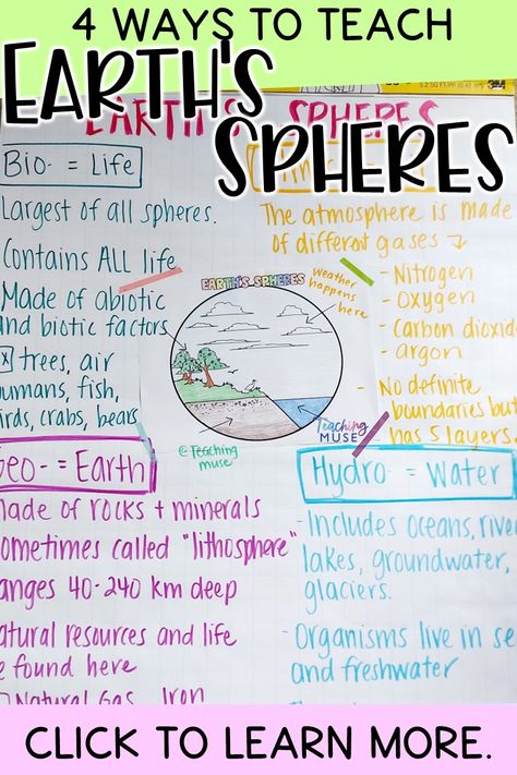 This resource is designed to help students engage in learning about the Earth's spheres and systems. Through the use of hands-on activities, students will explore the lithosphere, hydrosphere, atmosphere, and biosphere. They will also learn about the interactions between these spheres and how they impact the Earth as a whole. By the end of this resource, students will have a better understanding of the Earth and its systems. Click to learn more! Earths Spheres, Earth Science Classroom, High School Earth Science, Physical Science Activities, Earth Activities, Earth Science Activities, Earth's Spheres, Earth Science Lessons, Life Science Activities