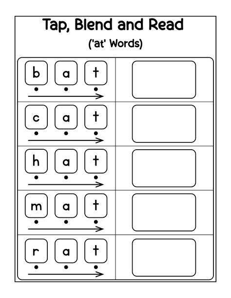 Make phonics practice fun and interactive with this free Tap, Blend, and Read 'At' Words CVC Worksheet! Perfect for preschoolers and kindergarteners, this activity focuses on the 'at' word family, helping kids practice blending sounds and reading. Ideal for at-home learning or classroom use. Visit our site to download the PDF worksheet and boost early reading skills today! Blend Sounds Worksheets, Reading Sheets For Kindergarten, Cvc At Words Worksheets, Blending Cvc Words Kindergarten, Reading Practice For Kindergarten, Cvc Words Worksheets Grade 1, Teach To Read Kindergarten, Kindergarten Phonics Worksheets Free, Blending Cvc Words Activities