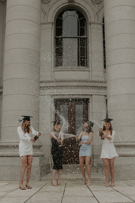 Nurse Graduation Pictures Champagne, Pop Champagne Pictures, Champagne Popping Pictures, Champagne Photoshoot, Group Graduation Pictures, Nursing School Graduation Pictures, Senior Graduation Pictures, Senior Outfits, College Grad Pictures