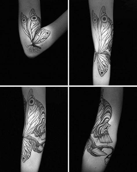 Open Arm Tattoo, Elbow Illusion Tattoo, Creative Moving Tattoo Ideas, Bending Elbow Tattoo, Crease Of Arm Tattoo, Folding Tattoo Elbow, Folding Arm Tattoo, Elbow Moving Tattoo, Arm Crease Tattoo Women