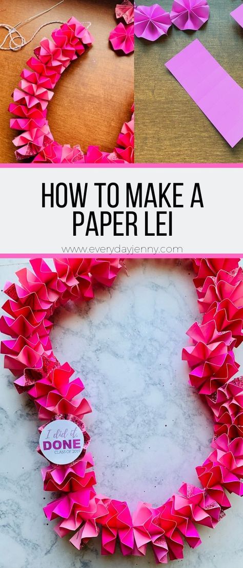 DIY PAPER LEI FOR GRADUTION (OR DIY MONEY LEI) | EVERYDAY JENNY Hawaiian Lei Craft For Kids, Tissue Paper Lei Diy, Paper Leis Graduation, How To Make A Paper Lei, Make Your Own Lei Station, How To Make A Flower Lei Graduation, Homemade Leis Diy, How To Make A Lei Diy, Kinder Graduation Lei