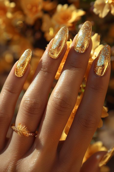 Golden Nails Designs Glitter, Gold Glitter Chrome Nails, New Years Nail Designs Gold, Winter Gold Nails, New Year’s Eve Nail Ideas, Kwanzaa Nails, French Tip With Gold Design, Silver And Gold Nail Designs, New Year’s Eve Nail Inspired