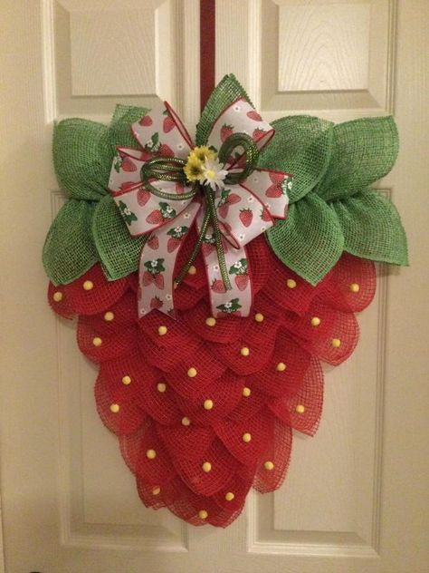 Selling Homemade Wreaths | I just finished this strawberry wreath tonight | Facebook Strawberry Wreath, Homemade Wreaths, Deco Wreaths, Summer Diy, Creativity And Innovation, Door Hanging, Deco Mesh Wreaths, Mesh Wreaths, Summer Wreath