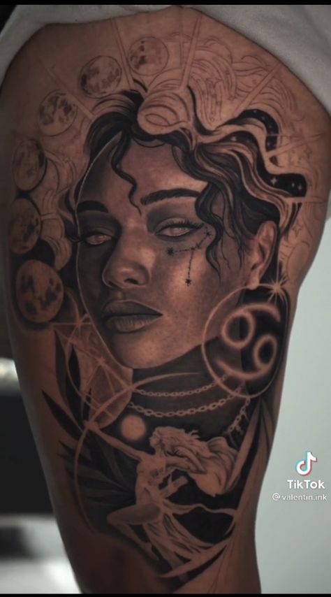 Black Woman Strength Tattoo, Black Egyptian Goddess Tattoo, Neith Goddess Tattoo, Black Artwork Tattoo, African Princess Tattoo, Black Libra Goddess Tattoo, Black Warrior Woman Tattoo, Afro Latina Tattoo, Medusa With Locs Tattoo