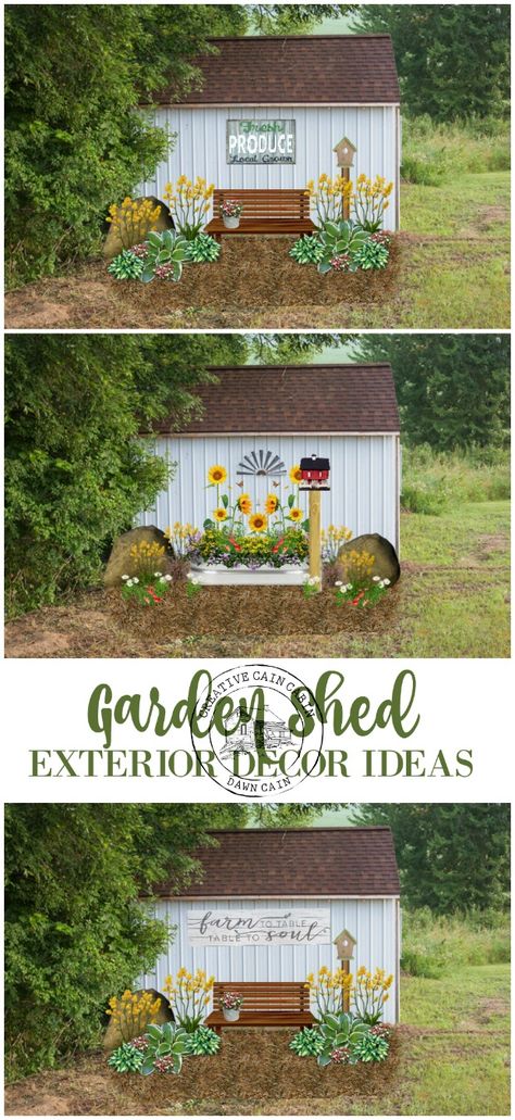 Ideas For Decorating The Outside Of A Garden Shed Using Rustic Farmhouse Finds Side Of Shed Decor, Shed Exterior Decor, Garden Shed Exterior, Garden Shed Exterior Ideas, Shed Exterior Ideas, Shed Exterior, Easy Garden Decor, Rustic Storage Bench, Outside Sheds