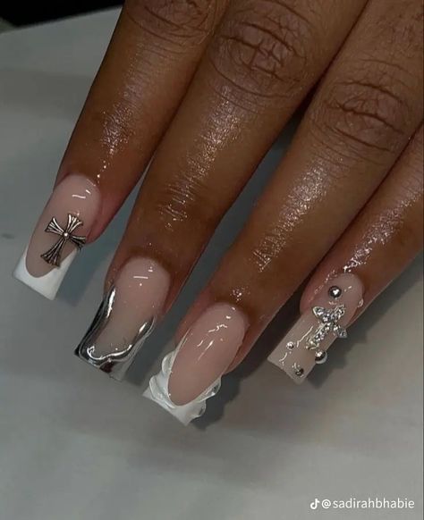 Romeo Santos Concert Nails, Silver Chrome Acrylics, Medium Nails Baddie, Medium Length Nails With Gems, White Prom Nails Short, Med Nail Designs, Minimalist Birthday Nails, French Birthday Nails, Nail Designs Birthday Ideas