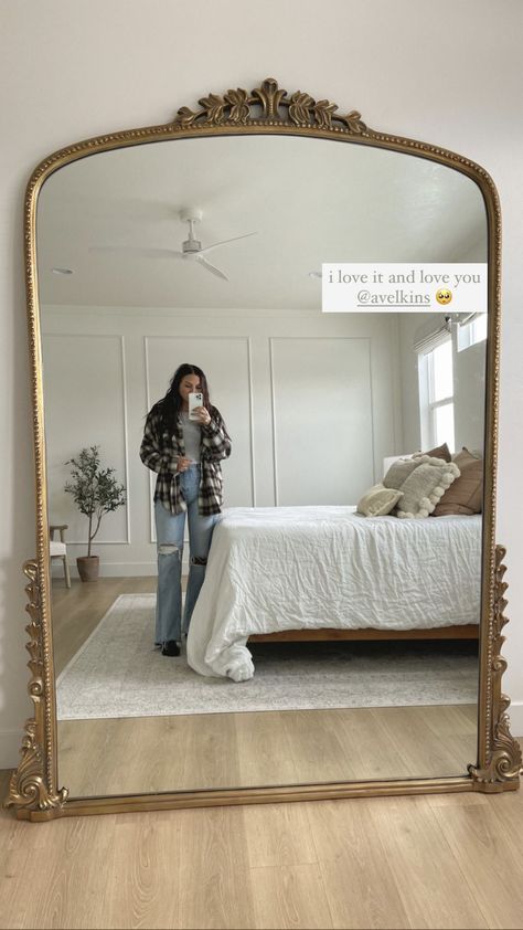 Huge Bedroom Mirror, Aesthetic Changing Room, Big Gold Mirror Bedrooms, Standup Mirror Bedroom, Parisian Aesthetic Bedroom, Parisian Bedroom Aesthetic, Mirror Wall Decor Bathroom, Anthro Mirror, Phone Decoration Ideas