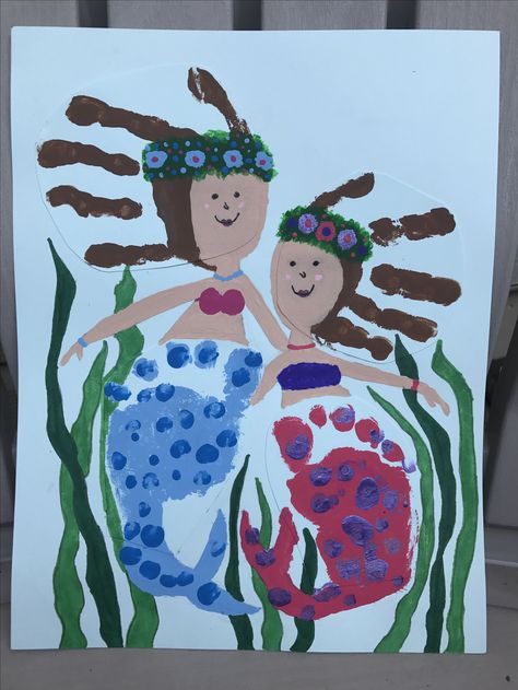 Handprint mermaids Mermaid Handprint Art, Dayhome Ideas, Mermaid Crafts, Toddler Arts And Crafts, Hula Dancers, Kool Kids, Handprint Crafts, Holiday Craft, Handprint Art