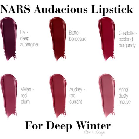 NARS Audacious Lipstick - Deep Winter Lip Color For Fair Skin, Winter Lipstick Colors, Color For Fair Skin, Winter Skin Tone, Winter Lipstick, Spring Lipstick, Deep Winter Palette, Nars Audacious Lipstick, Deep Winter Colors