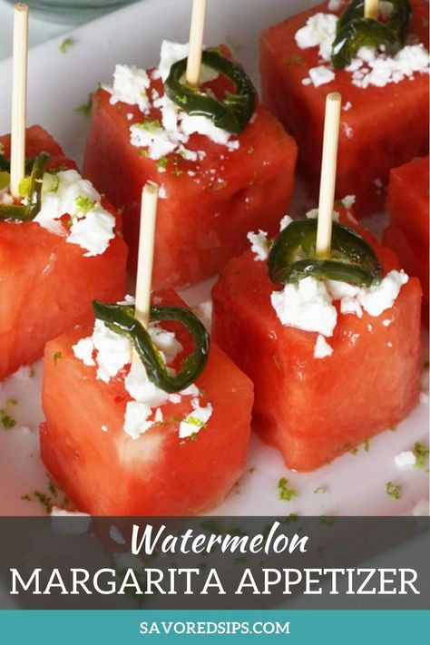 These Margarita Watermelon Appetizers are an impressive and delicious appetizer for your next party. They're soaked in a margarita marinade, then topped with cotija cheese and a candied jalapeno. Watermelon Cheese Appetizer, Watermelon And Cheese Appetizers, Margarita Party Food, Appetizers That Go With Margaritas, Watermelon Recipes Appetizers, Tiki Party Food Appetizers, Margarita Watermelon Bites, Tiki Bar Appetizers, Margarita Appetizers