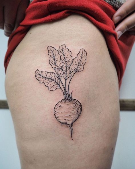 Fruit And Vegetable Tattoo, Turnip Tattoo, Beetroot Tattoo, Nutrition Tattoo, Herbs Drawing, Vegetable Tattoo, Women Arm Tattoos, Ladies With Tattoos, Food Tattoos