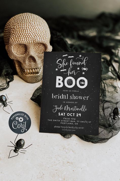 Halloween Bachelorette Party Invitations, Halloween Bachelorette Invitations, She Found Her Boo Party, Spooky Wedding Shower Ideas, Halloween Bridal Shower Invitations, Bridal Shower Ideas Halloween, Bridal Shower She Found Her Boo, She Found Her Boo Bachelorette, Bridal Shower Halloween Theme